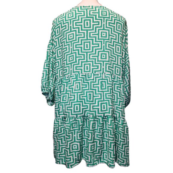 Ruby Rd. dress Women's XL Green white trellis print Split neck 3/4 puff sleeves - Picture 12 of 16